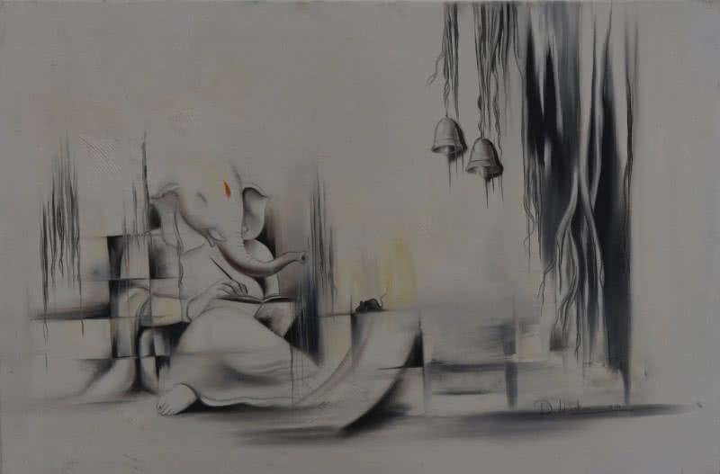 Religious oil painting titled 'Ganesha Anantachidrupamayam', 36x24 inches, by artist Durshit Bhaskar on Canvas