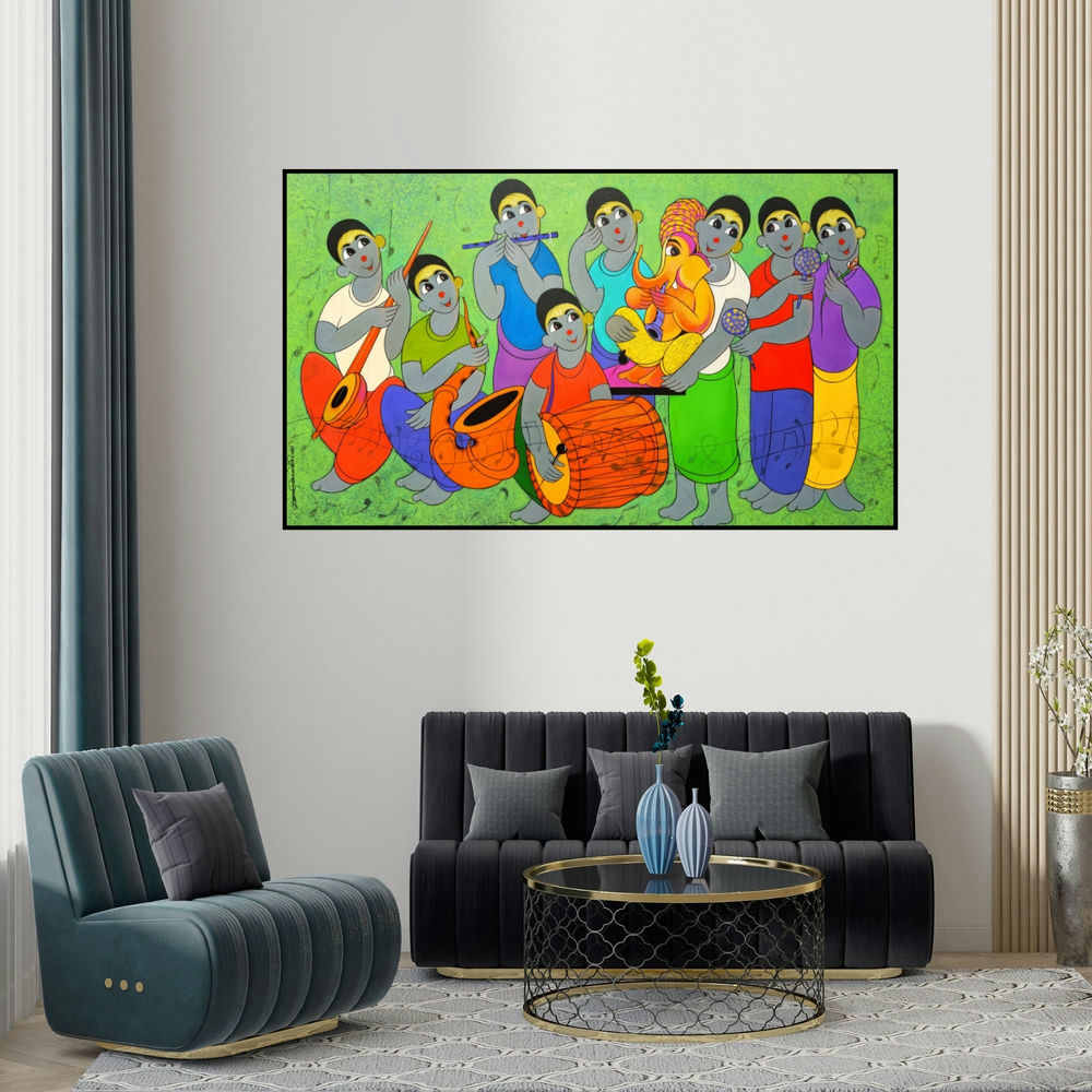 Dnyaneshwar Bembade's 'Ganesha Arrivel (Musical Celebration)' painting visualized above a sofa in a contemporary room.