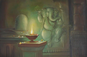 Ganesha Budhipriya (Divine Sanctum) by Durshit Bhaskar, Original Oil Religious Painting on Canvas, Medium Horizontal Wall Art