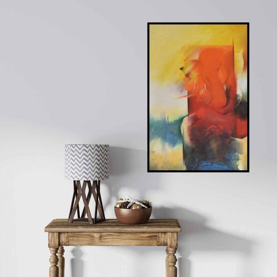 In-situ view of Durshit Bhaskar's 'Ganesha Devendrashika (Abstract Ganesha)' painting in a room