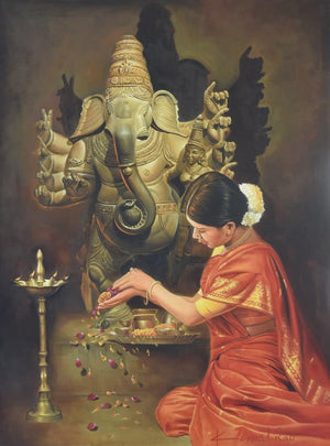 Minimalist oil painting titled 'Ganesha Devotion', 48x36 inches, by artist Kamal Rao on Canvas