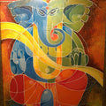 Religious acrylic painting titled 'Ganesha I', 36x24 inches, by artist Pradip Goswami on Canvas