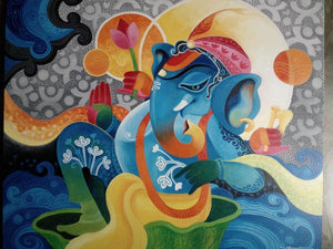 Ganesha Ii (Ganesha's Serenity) by Pradip Goswami, Original Acrylic Religious Painting on Canvas, Medium Horizontal Wall Art