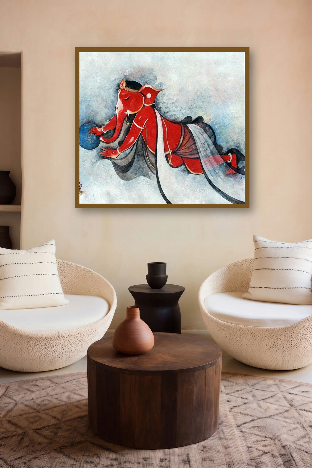Ganesha On Cloud (Dance of Creation) by artist M Singh displayed in a Museum Style gallery