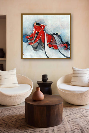 Ganesha On Cloud (Dance of Creation) by artist M Singh displayed in a Museum Style gallery
