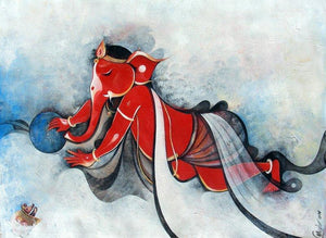 Ganesha On Cloud (Dance of Creation) by M Singh, Original Acrylic Religious Painting on Canvas, Medium Horizontal Wall Art