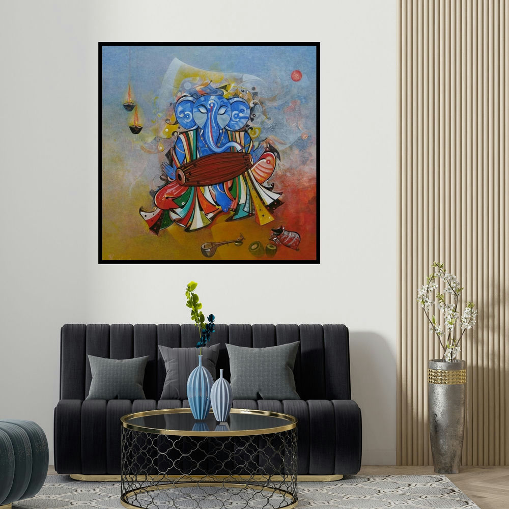 M Singh's 'Ganesha Playing Dholak (Divine Rhythm)' painting visualized above a sofa in a contemporary room.