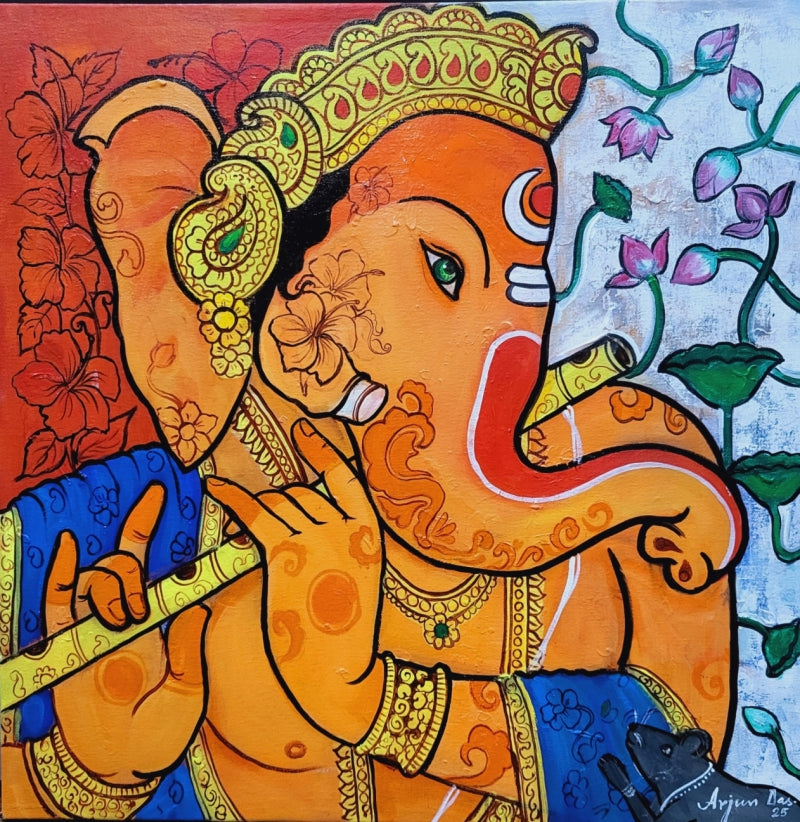 Ganesha Playing The Flute' religious acrylic painting by artist Arjun Das, 24x24 inch, on canvas