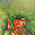 Religious acrylic painting titled 'Ganesha Playing Instrument I', 24x18 inches, by artist M Singh on Canvas