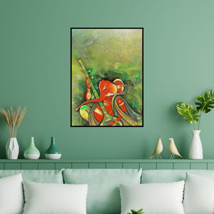 Preview of 'Ganesha Playing Instrument I (Musical Meditation)' Painting by M Singh shown on a wall in a furnished room.