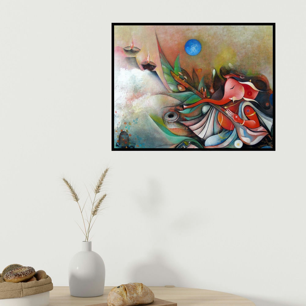 M Singh's 'Ganesha Playing Instrument Ii (Ganesha's Divine Melody)' painting visualized above a sofa in a contemporary room.