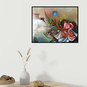 M Singh's 'Ganesha Playing Instrument Ii (Ganesha's Divine Melody)' painting visualized above a sofa in a contemporary room.