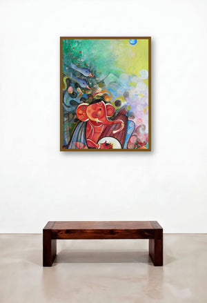 Ganesha Playing Instrument V (Rhythmic Ganesha) by artist M Singh displayed in a Contemporary Luxury Hotel Lobby