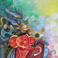 Religious acrylic painting titled 'Ganesha Playing Instrument V', 32x20 inches, by artist M Singh on Canvas