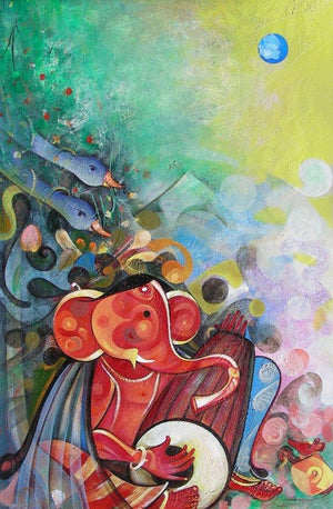 Ganesha Playing Instrument V (Rhythmic Ganesha) by M Singh, Original Acrylic Religious Painting on Canvas, Medium Vertical Wall Art