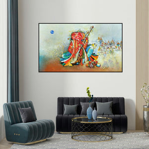 M Singh's 'Ganesha Playing Sitar (Musical Ganesha) (Melody)' painting visualized above a sofa in a contemporary room.