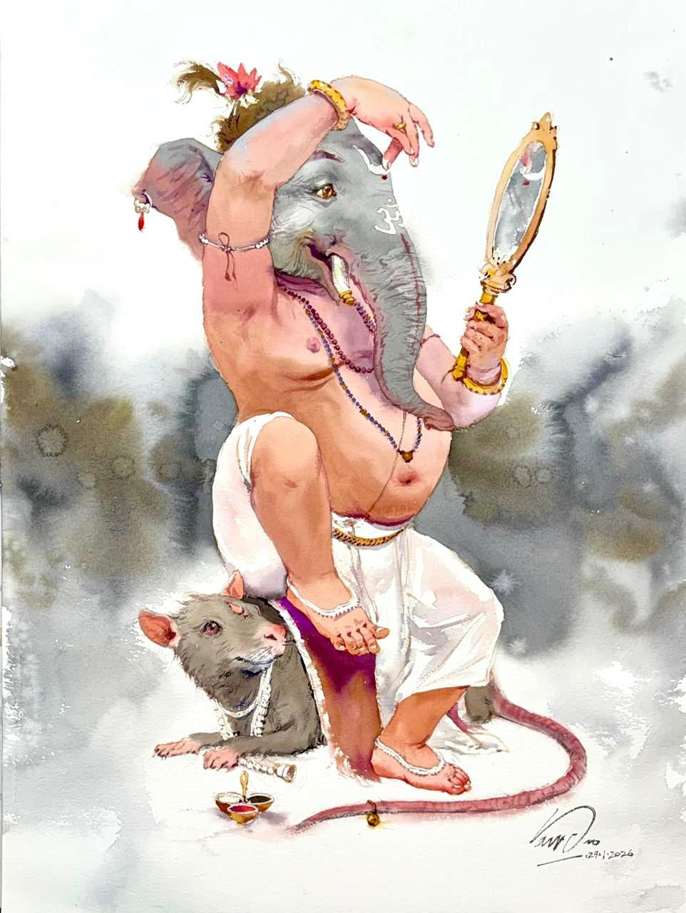 Ganesha Putting Tilak' religious watercolor painting by artist Vasudeo Kamath, 24x18 inch, on paper