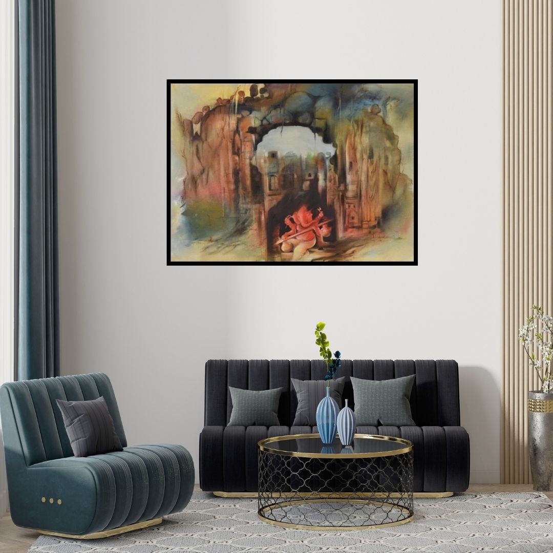 Preview of 'Ganesha Shashivarnam (Shiva in Ruins)' Painting by Durshit Bhaskar shown on a wall in a furnished room.