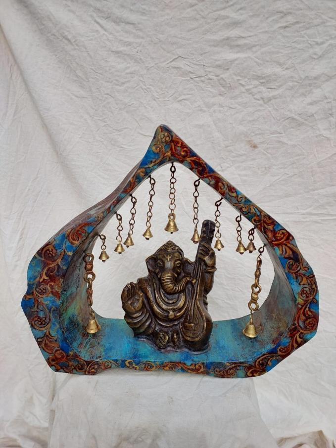 Ganesha With Sitar' religious Brass, Metal sculpture by artist Rohan Sonavane, 16x15 inch, on brass, metal