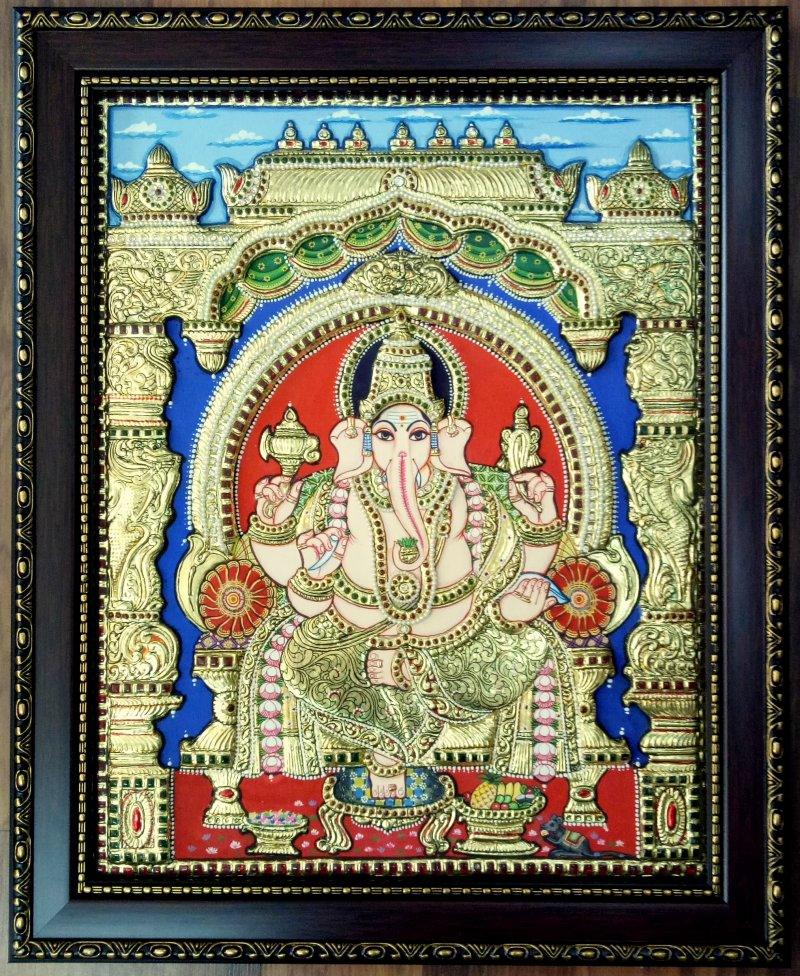 Religious tanjore traditional art titled 'Ganesha Tanjore Painting III', 22x18 inches, by artist VANI VIJAY on Plywood