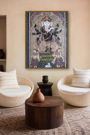 Ganesha Tasar Cloth Painting I (Cosmic Dance: Ganeshas Joyful Rhythm) by artist Pradeep Swain displayed in a Contemporary Exhibition gallery