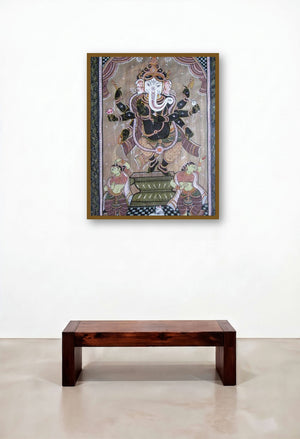 Ganesha Tasar Cloth Painting I (Cosmic Dance: Ganeshas Joyful Rhythm) by artist Pradeep Swain displayed in a Contemporary Living Room