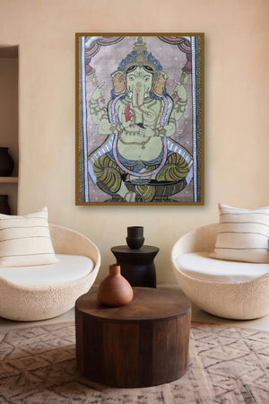 Ganesha Tasar Cloth Painting Ii (Divine Majesty: Ganesha in Tasar Splendor) by artist Pradeep Swain displayed in a Boutique gallery