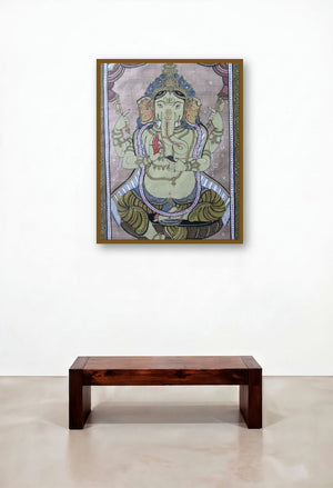Ganesha Tasar Cloth Painting Ii (Divine Majesty: Ganesha in Tasar Splendor) by artist Pradeep Swain displayed in a Classic Study