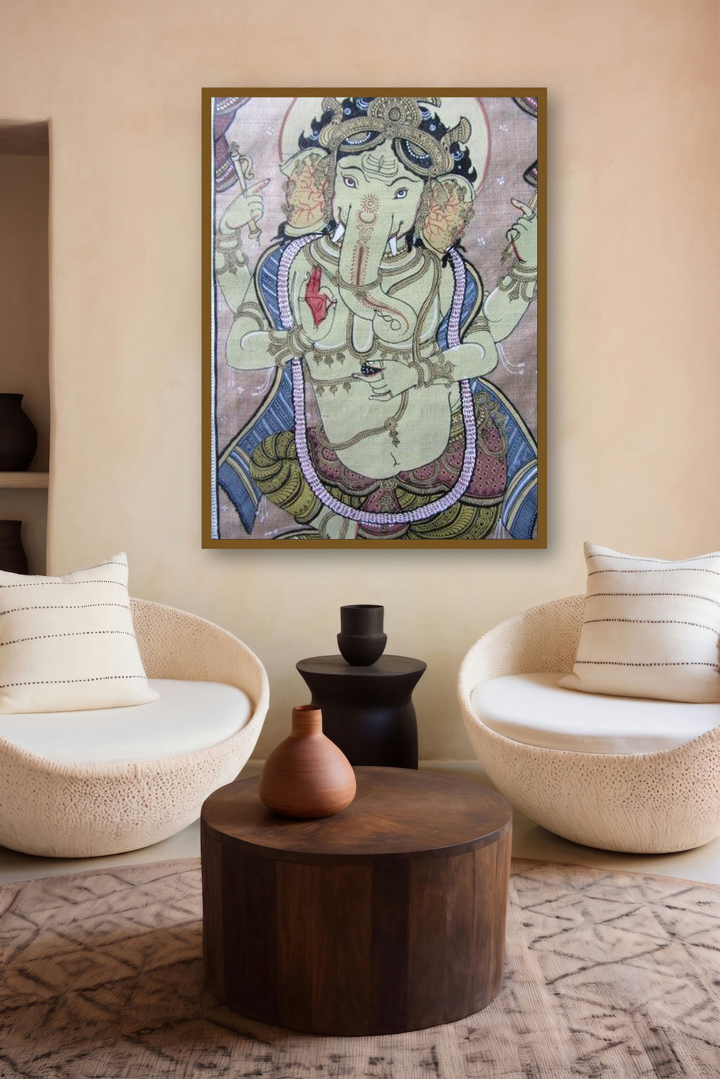 Ganesha Tasar Cloth Painting Iii (Lord Ganeshas Grace: A Tasar Masterpiece) by artist Pradeep Swain displayed in a Contemporary Exhibition gallery