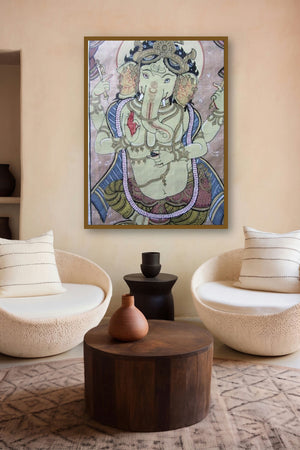Ganesha Tasar Cloth Painting Iii (Lord Ganeshas Grace: A Tasar Masterpiece) by artist Pradeep Swain displayed in a Contemporary Exhibition gallery