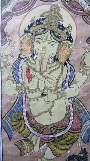 Ganesha Tasar Cloth Painting Iii (Lord Ganeshas Grace: A Tasar Masterpiece) by Pradeep Swain, Original Fabric Folk Art Painting on Cloth, Small Vertical Wall Art