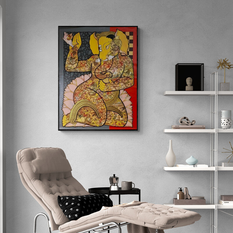 Preview of 'Ganesha ( Vighnaharta )' Painting by Ramesh Gorjala shown on a wall in a furnished room.