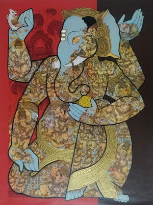 Religious acrylic painting titled 'Ganesha (Vinayaka)', 48x36 inches, by artist Ramesh Gorjala on Canvas