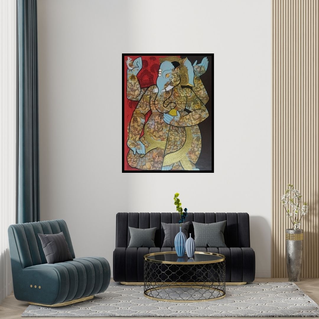 Preview of 'Ganesha (Vinayaka)' Painting by Ramesh Gorjala shown on a wall in a furnished room.
