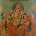 Religious oleograph painting titled 'Ganesha With Conserts Riddi And Siddi', 21x15 inches, by artist Raja Ravi Varma on Paper