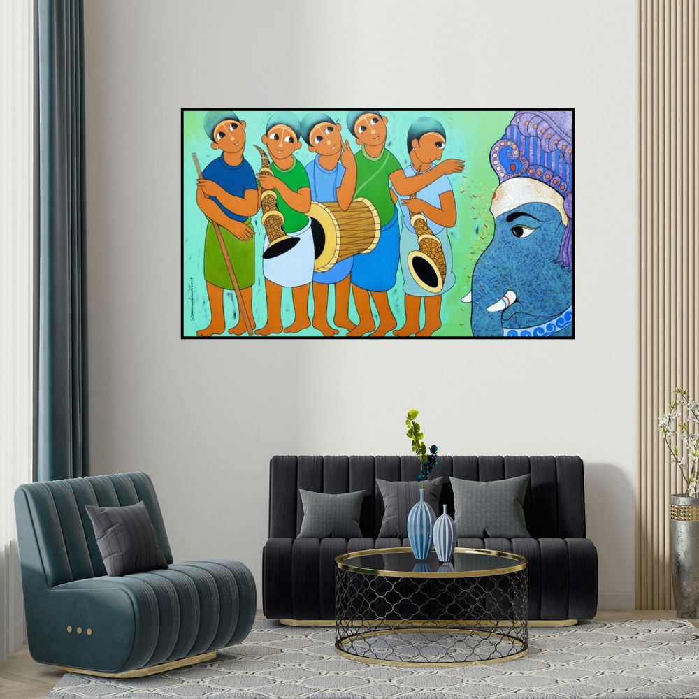 Dnyaneshwar Bembade's 'Ganesha Worship (A Musical Tribute)' painting visualized above a sofa in a contemporary room.