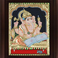 Religious tanjore traditional art titled 'Ganesha Writing Book Tanjore', 24x18 inches, by artist Myangadi Tanjore on Plywood