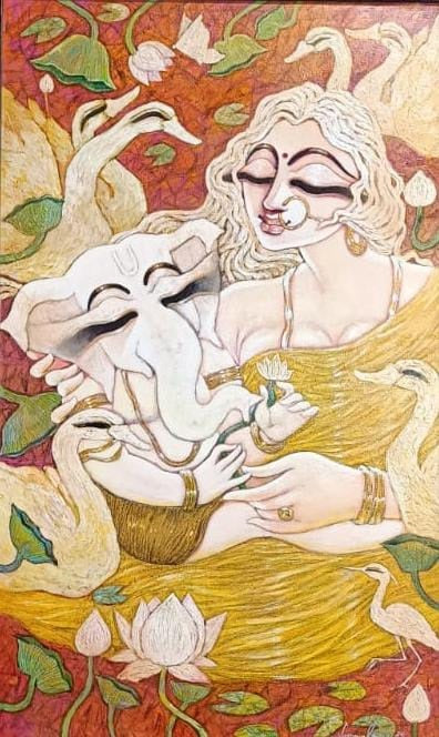 Ganeshjanani 2' religious mixed-media painting by artist Subrata Ghosh, 50x30 inch, on canvas