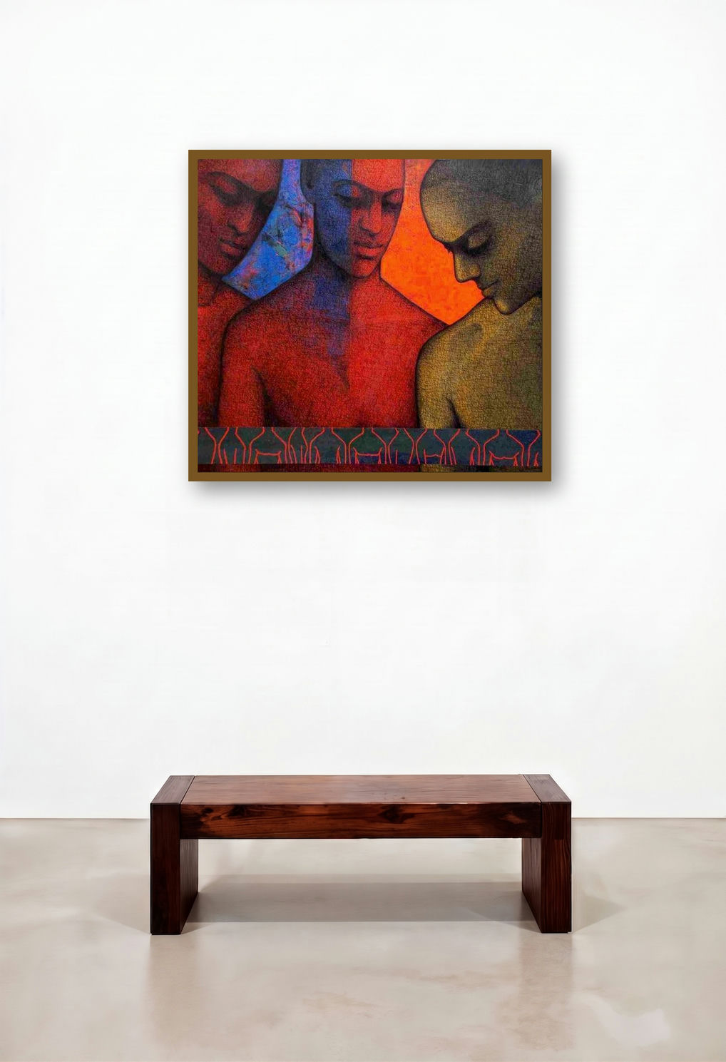 Gang (Three Figures) by artist Rajan Raghavan displayed in a Mid-Century Modern Family Room