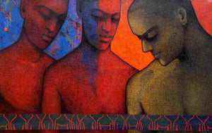 Gang (Three Figures) by Rajan Raghavan, Original Acrylic Figurative Painting on Canvas, Large Horizontal Wall Art
