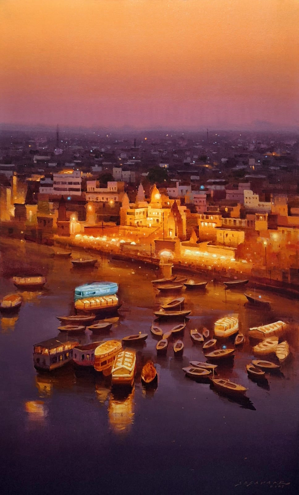 'Ganga Aarti Banaras' religious acrylic painting by artist Siddharth Gavade, 36x24 inch, on canvas