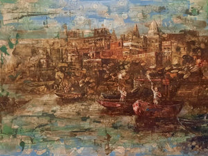 Religious oil painting titled 'Ganga Aarti Series 2', 30x40 inches, by artist Rajender Bharti on Linen Canvas