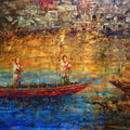 Religious oil painting titled 'Ganga Aarti Series', 24x38 inches, by artist Rajender Bharti on Linen Canvas