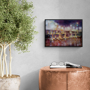 Preview of 'Ganga Arti (Ganga Aarti, Varanasi)' Painting by Asit Singh shown on a wall in a furnished room.