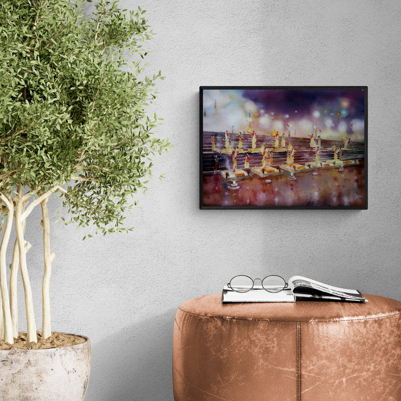 Preview of 'Ganga Arti (Ganga Aarti, Varanasi)' Painting by Asit Singh shown on a wall in a furnished room.