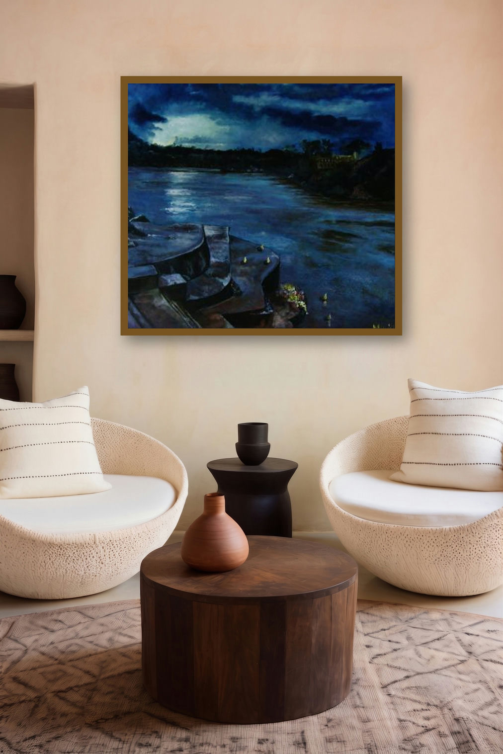 Ganga At Dusk by artist Manjula Dubey displayed in a Boutique gallery