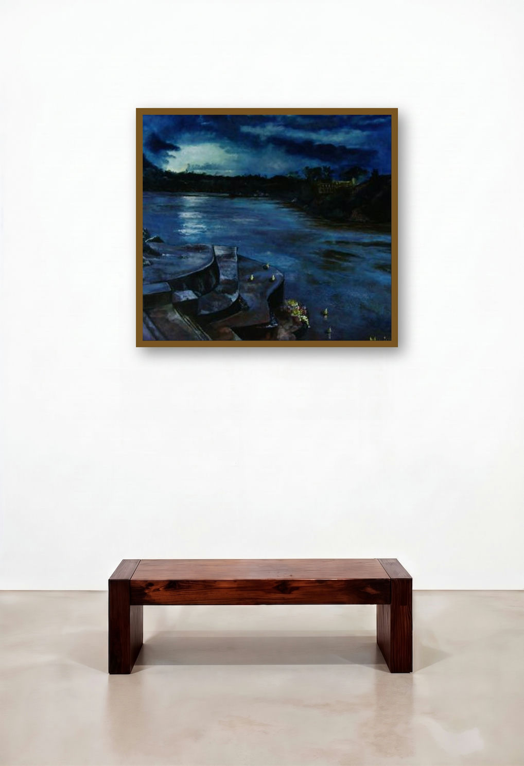 Ganga At Dusk by artist Manjula Dubey displayed in a Mid-Century Modern Dining Room