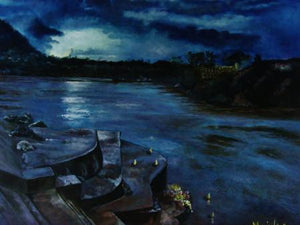 Ganga At Dusk by Manjula Dubey, Original Oil Landscape Painting on Canvas, Small Horizontal Wall Art