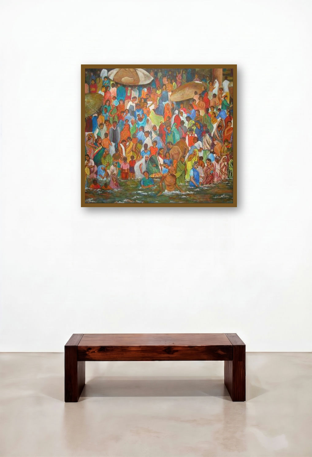 Ganga Bathing Ghats by artist Manjula Dubey displayed in a Scandinavian Dining Room