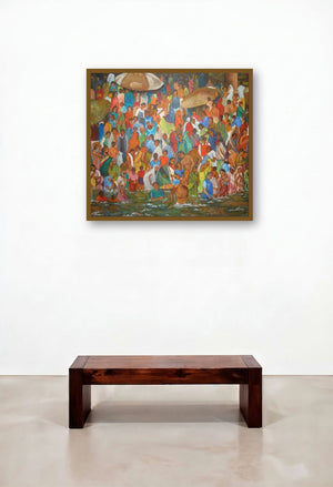 Ganga Bathing Ghats by artist Manjula Dubey displayed in a Scandinavian Dining Room
